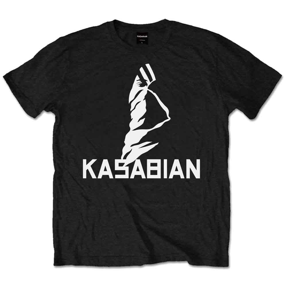 Black Kasabian t-shirt with white graphic of a face and band name.