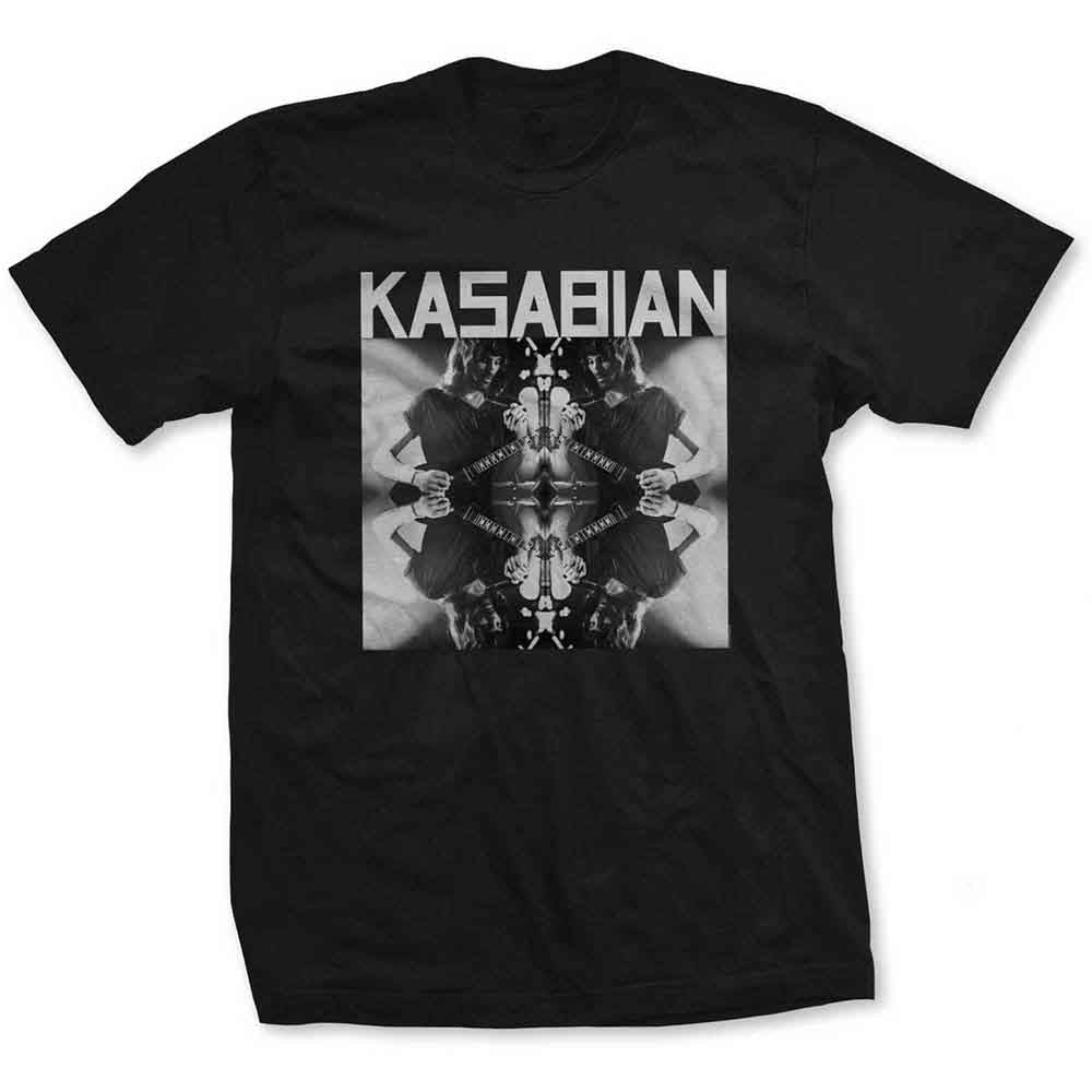 Black Kasabian t-shirt with mirrored image of a guitarist.