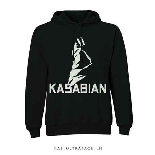 Black hoodie with Kasabian logo of a stylized figure raising an arm.