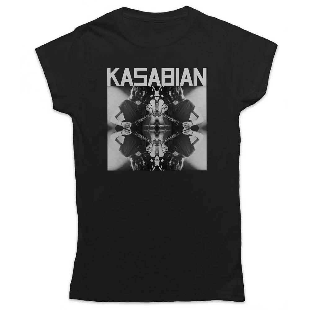 Black Kasabian t-shirt with a mirrored graphic design on the chest.