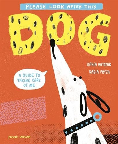 Book cover with illustrated white dog looking up, orange and yellow text.