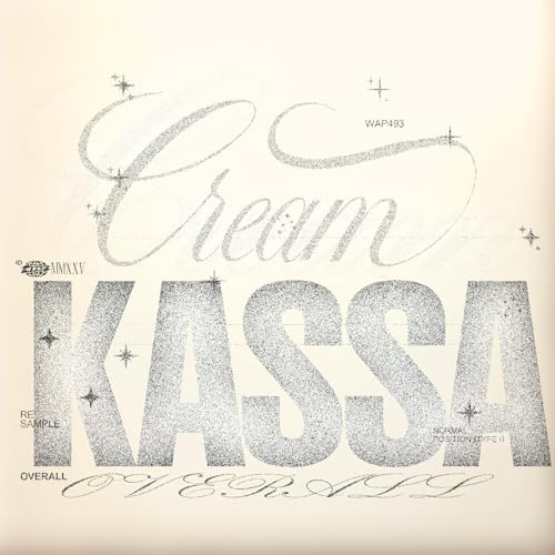 Cream background with silver glitter text reading Cream Kassa Overall and small star icons.