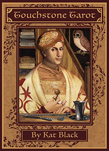 Touchstone Tarot box art featuring a man, owl, and books in ornate frames.