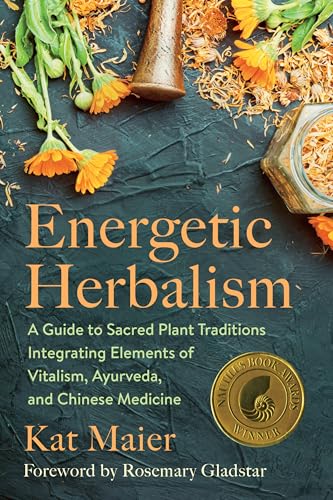 Book cover with herbal plants, mortar, and jar on a dark surface.