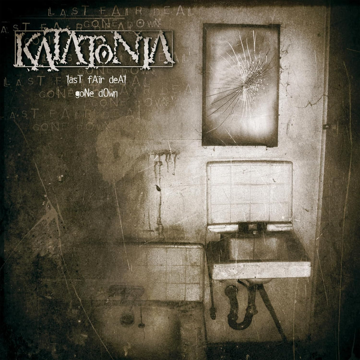 Katatonia album cover: distressed wall with paintings and a record player.