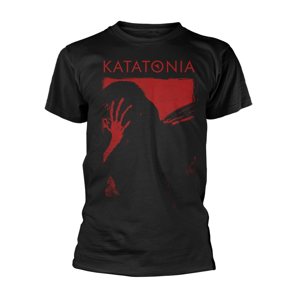 Black t-shirt with red Katatonia album art of a shadowy figure.
