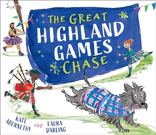 Children in Scottish attire chase a dog at Highland Games.