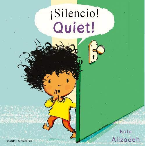 Child peeking around a green door, finger to lips for quiet.