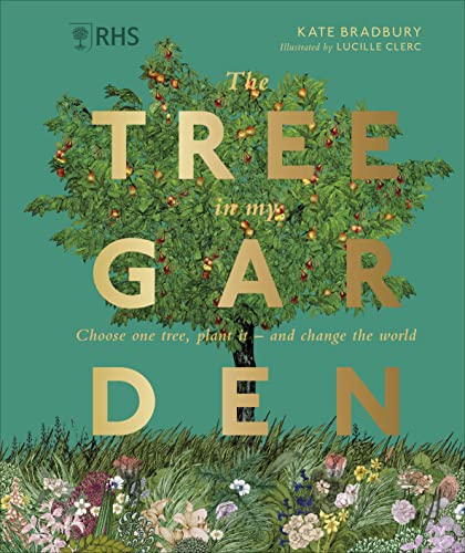 Book cover featuring a large fruit tree over a garden on a green background.