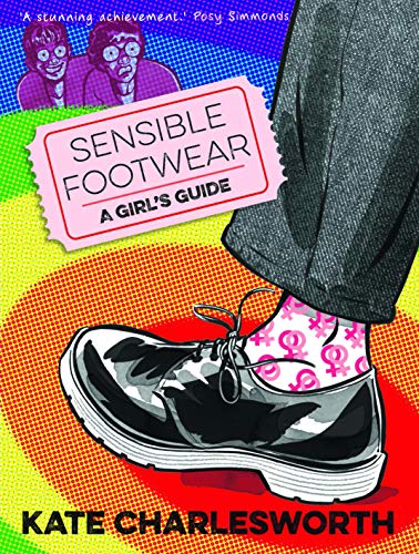 Book cover illustration showing a shoe and sock against a colorful pop-art background.