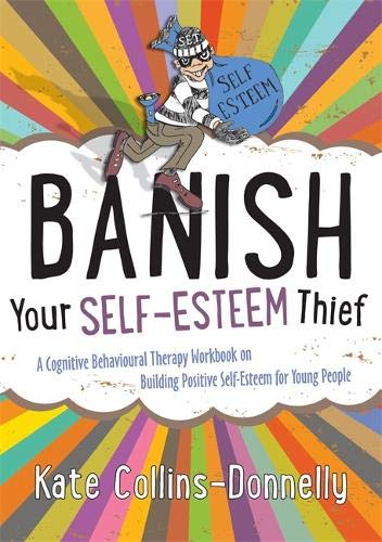 "Book cover with cartoon character holding 'SELF ESTEEM' shield, multicolored sunburst background."