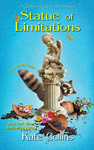 Book cover: statue, raccoon, butterflies, and flowers on a blue background.