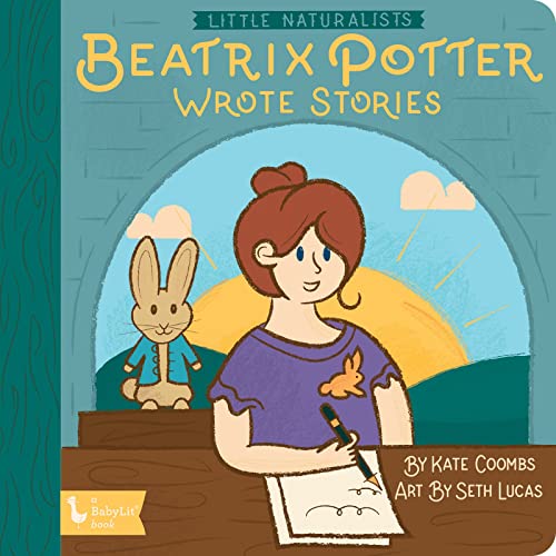 Book cover depicting Beatrix Potter writing with a rabbit companion.