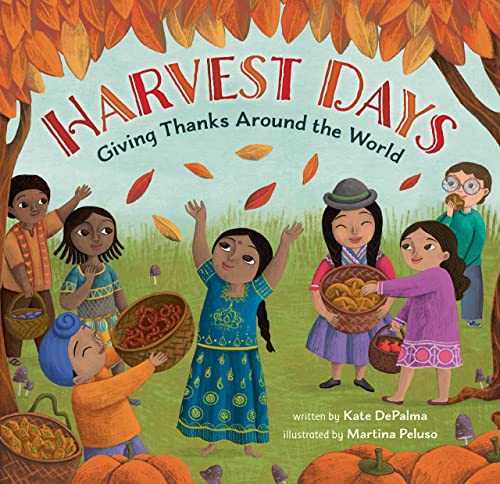 Book cover depicting children with harvest baskets and falling autumn leaves.