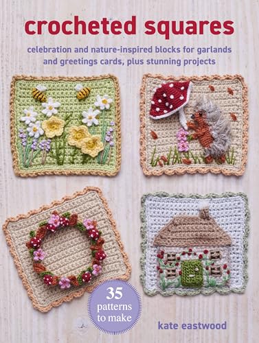 Book cover showing four decorative crocheted squares featuring a garden, hedgehog, wreath, and house.