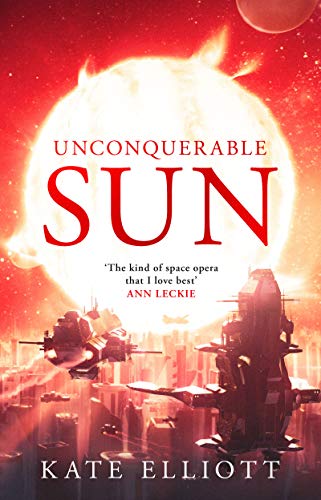 Book cover featuring a large glowing sun over a futuristic city with spaceships.