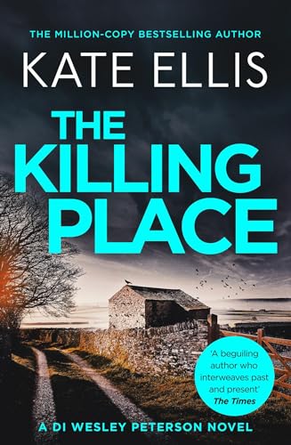 Book cover: rural landscape, barn, large turquoise text "THE KILLING PLACE".
