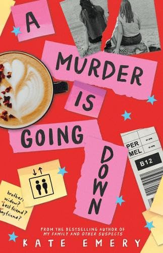 Book cover with red background, sticky notes, coffee, and two women on a beach.