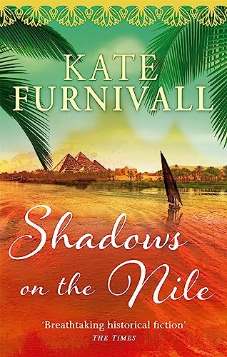 Book cover: pyramids, river, palm trees, and title “Shadows on the Nile”.