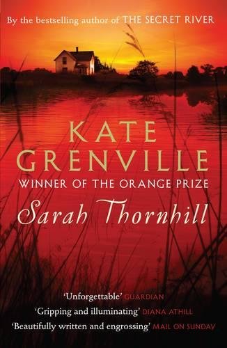 Book cover: "Sarah Thornhill" by Kate Grenville, with a fiery sunset landscape.