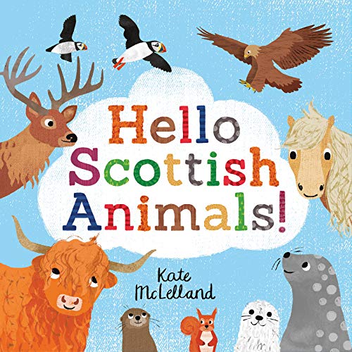 Book cover featuring colorful text surrounded by illustrations of Scottish animals on blue background.
