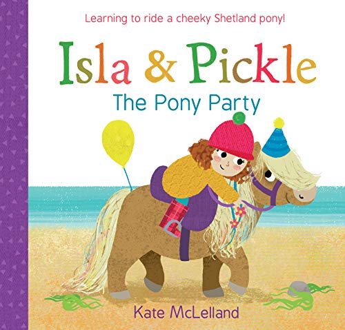 A girl in a pink hat rides a pony wearing a party hat on a beach.