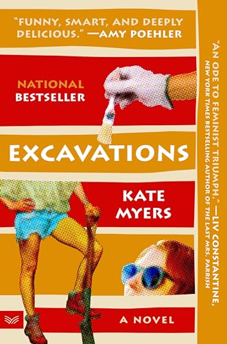 Book cover: “Excavations” by Kate Myers, with figures and archaeological imagery.