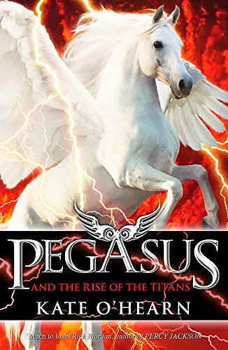 White winged horse, Pegasus, against a fiery, stormy background; book cover.
