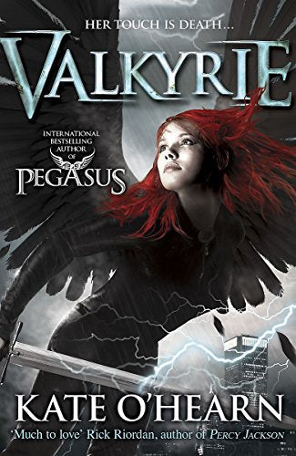 Book cover: red-haired woman with wings, holding a sword, stormy background.