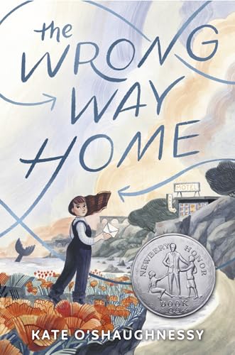 Book cover: girl with paper airplane, motel, and Newbery Honor seal.