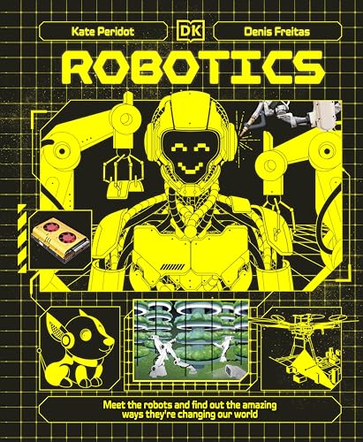 Yellow robotic face with arms, circuits, and smaller robot images.