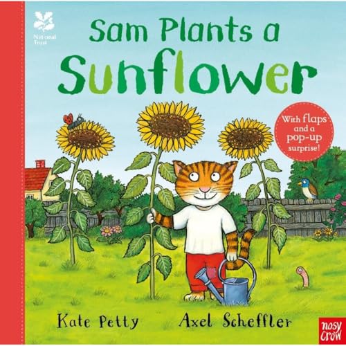 An illustrated cat stands in a garden with sunflowers, holding a blue watering can.