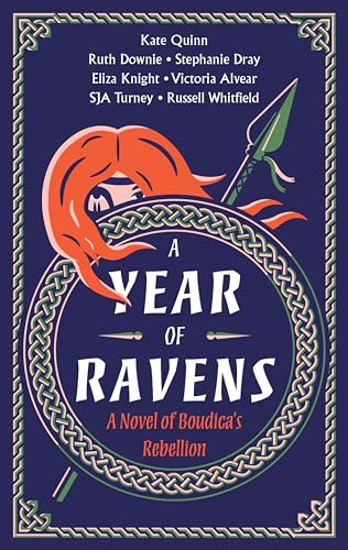 Book cover: red hair, spear, dark blue circle, Celtic knot border.