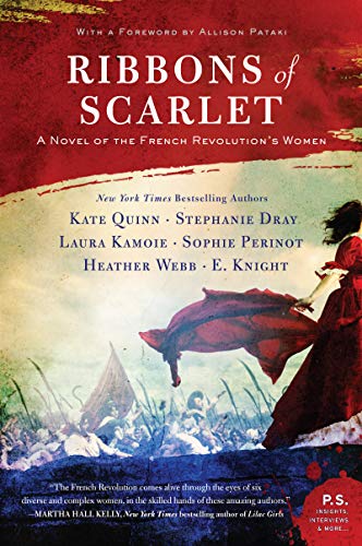 Book cover: “Ribbons of Scarlet” depicts a woman in a red dress, French Revolution scene.
