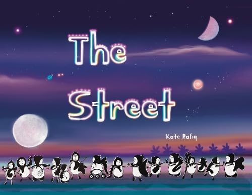 Book cover: "The Street" with cartoon figures under a night sky.
