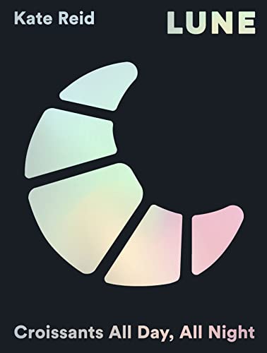 Book cover with a pastel crescent moon croissant graphic on a dark background.