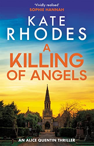 Book cover: “A Killing of Angels” with a church at sunset.