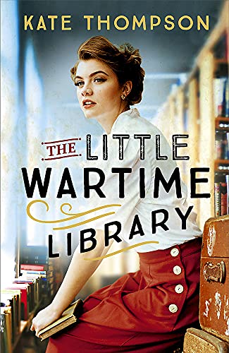 Book cover: woman in vintage clothing near library bookshelves.