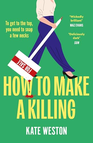 Book cover: woman with a bloody “For Sale” sign, green background.