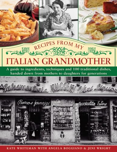 Cookbook cover featuring a grandmother, pasta, and Italian storefront.