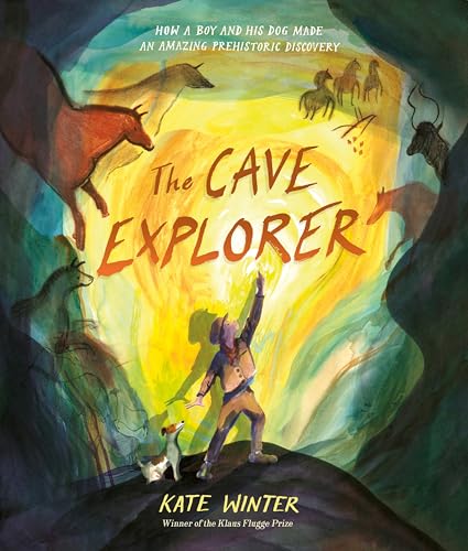 Book cover: boy and dog in cave with prehistoric animal paintings.