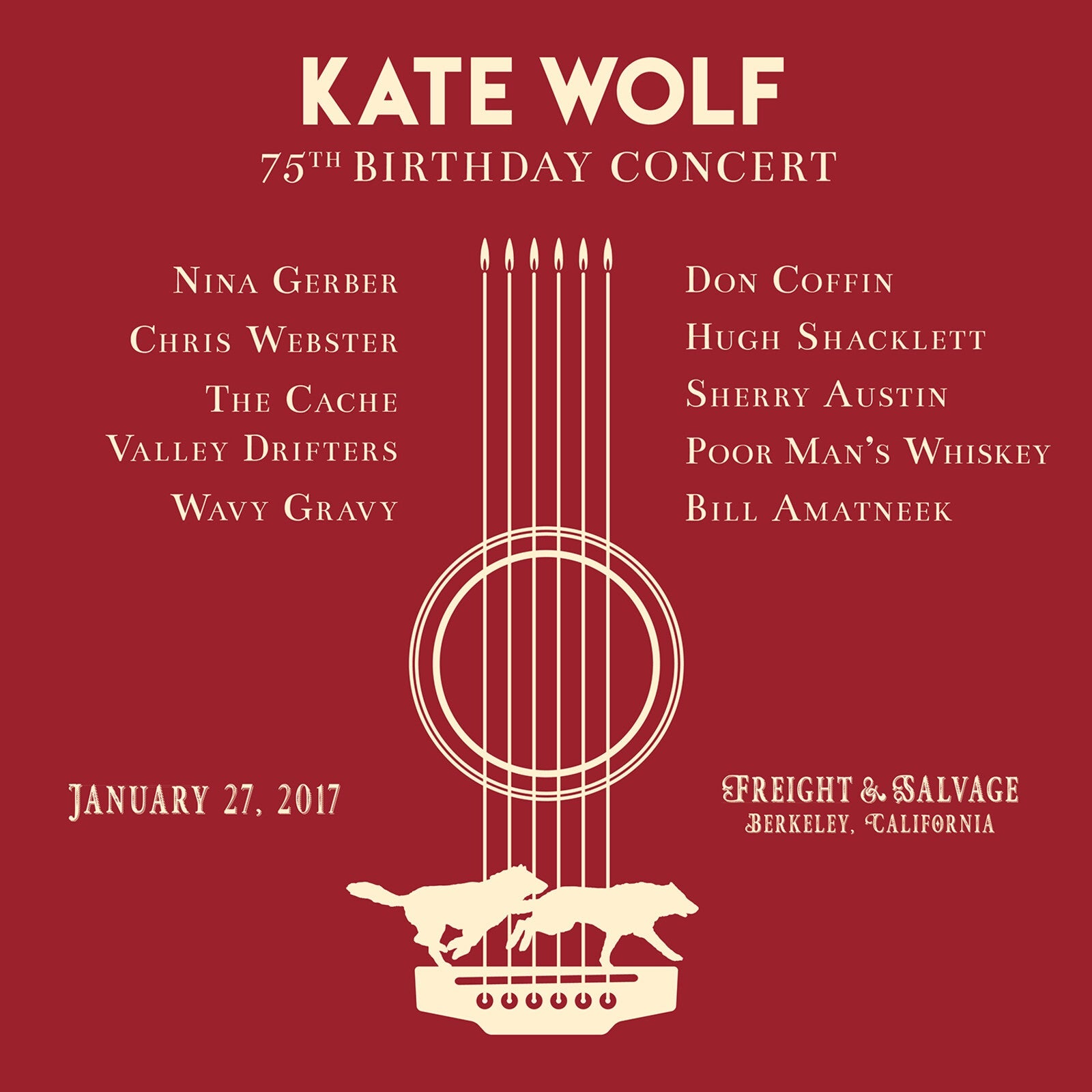 Kate Wolf 75th Birthday Concert CD cover with guitar and wolves.