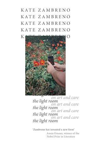 Book cover featuring repeated text and a central photo of hands photographing red tulips.