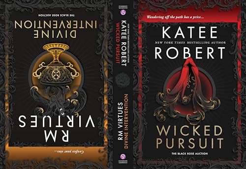 Two dark romance book covers with ornate gold and red designs.