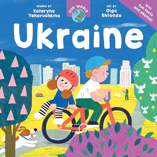 Book cover: "Ukraine" with illustration of children biking in a city.