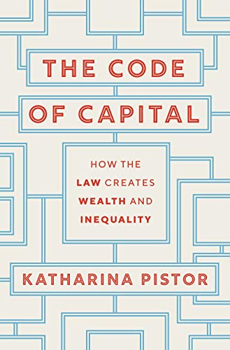 Book cover with geometric design, red text: "The Code of Capital" by Katharina Pistor.