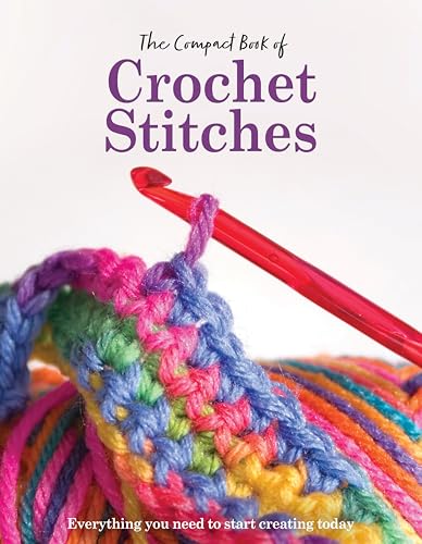 Book cover titled The Compact Book of Crochet Stitches with a red crochet hook.