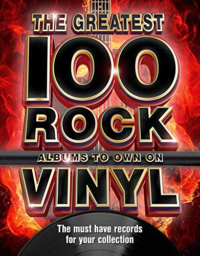 Book cover featuring bold text and flames, advertising rock vinyl albums.