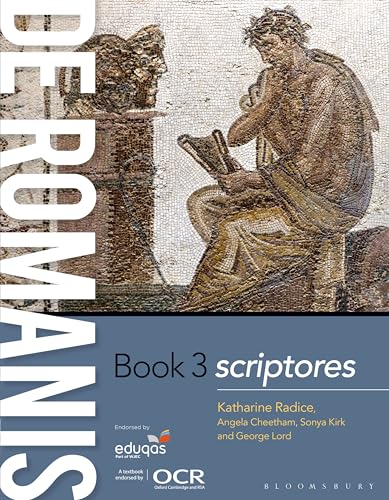Textbook cover for De Romanis Book 3: Scriptores featuring a classical Roman mosaic illustration.