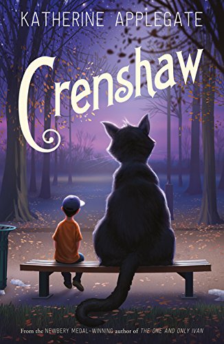 Book cover: boy and large black cat sit on a park bench.